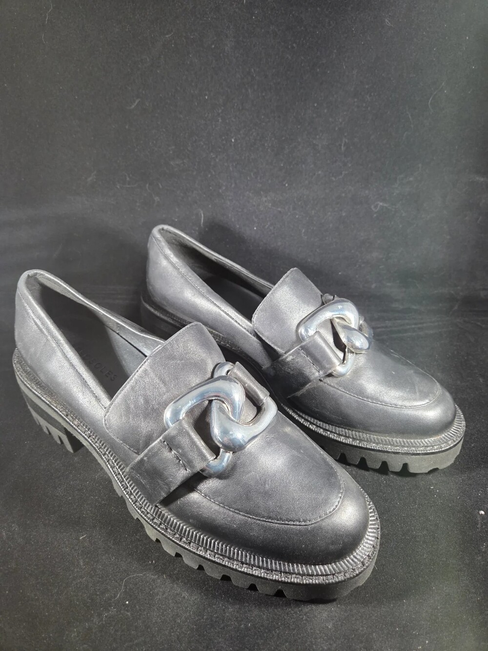 Aerosoles Lilia Women's Leather Chunky Lug Sole Chain Loafers, Black, Size 8M, P